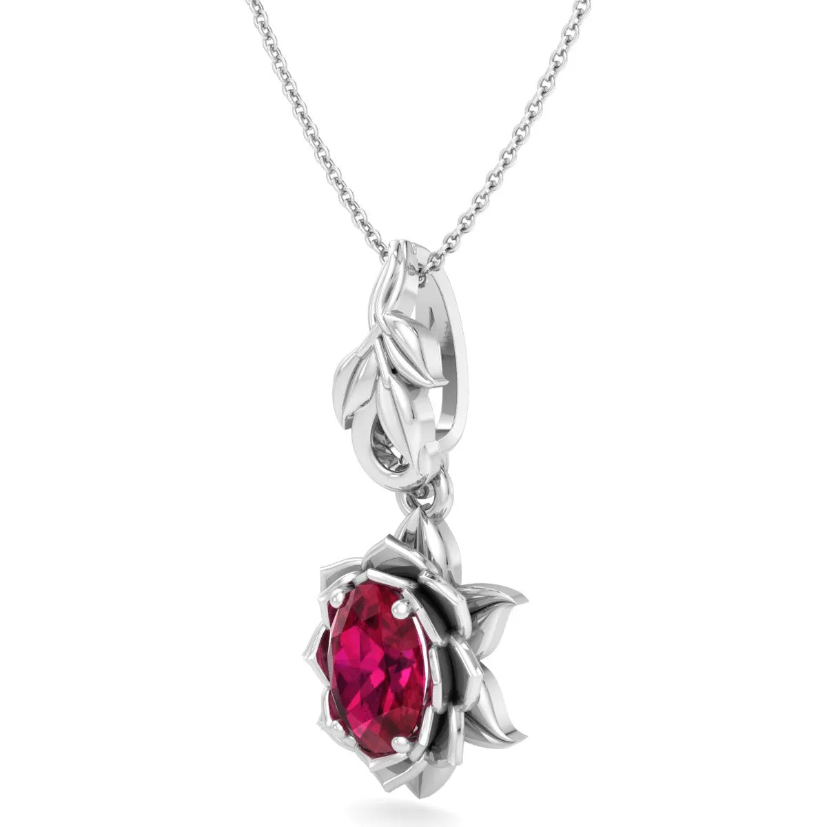 1 Carat Oval Shape Ruby Ornate Necklace In 14K White Gold