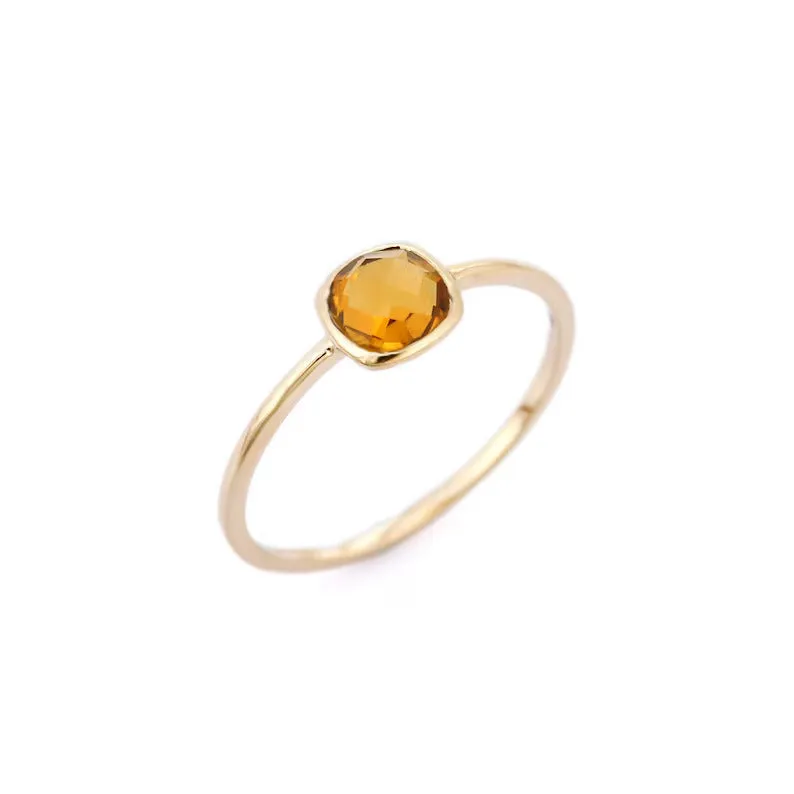 14K Gold Cushion Cut Citrine Dainty Ring