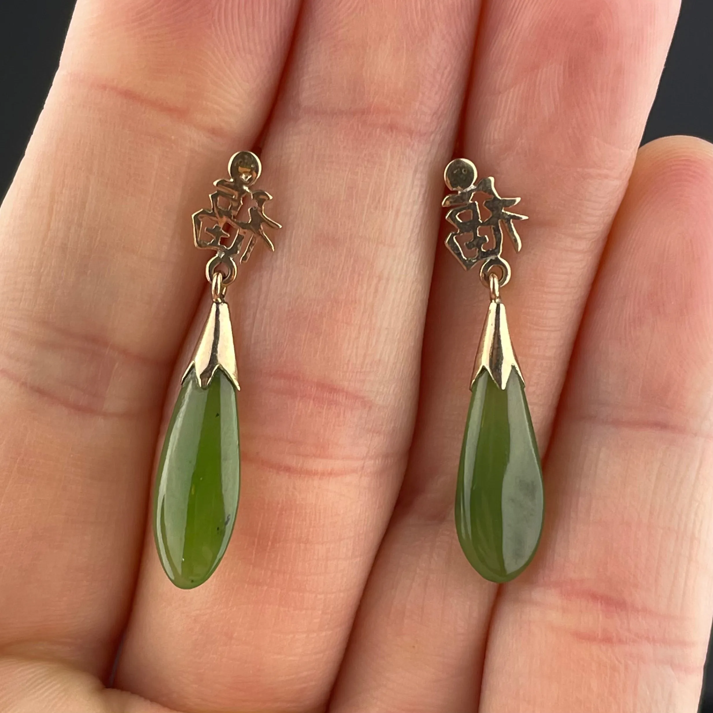 14K Gold Jade Dangle Teardrop Earrings