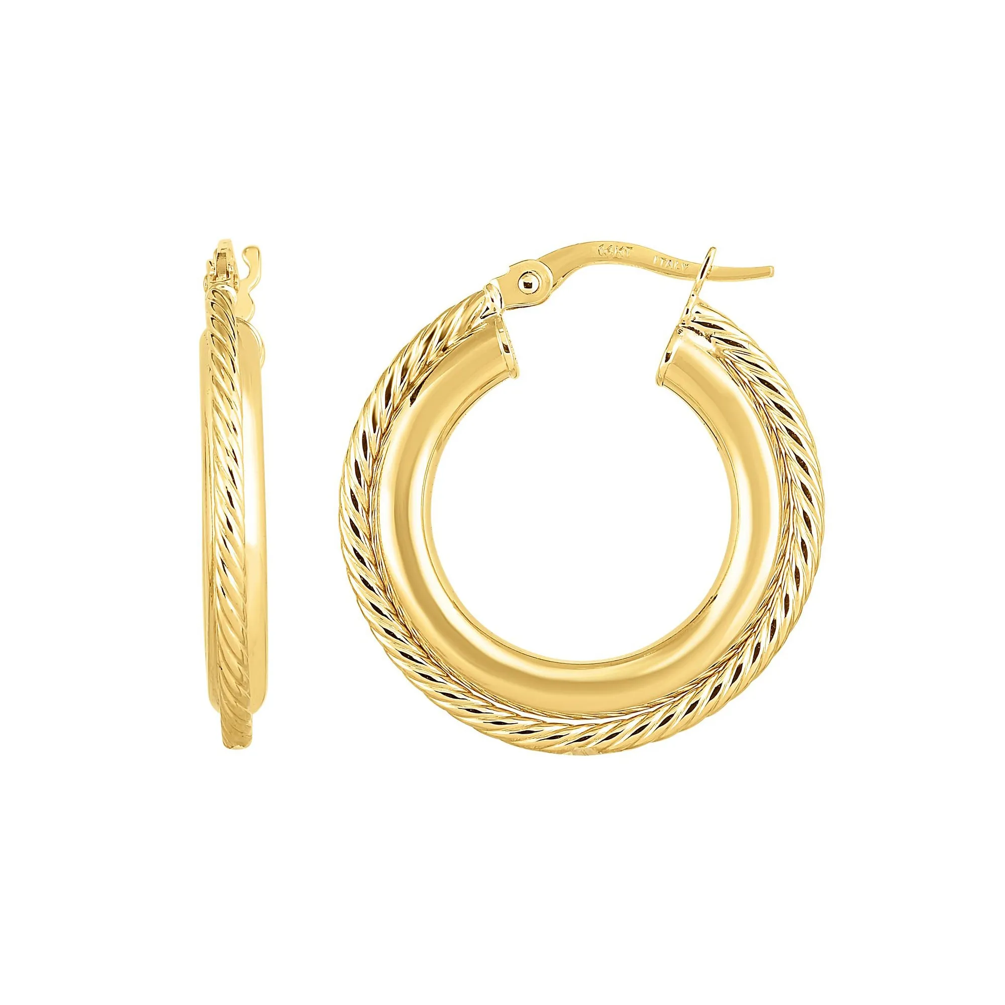 14K Gold Yellow Finish Hoop Fancy Earrings, Diameter 15mm