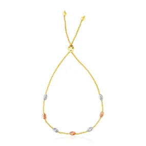 14k Tri-Color Gold Textured Oval Station Lariat Style Bracelet