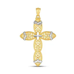 14K Yellow And White Gold Filigree Cross Charm Pendant