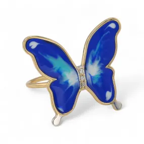 14K Yellow gold diamonds blue monarca butterfly hand painted ring-273939