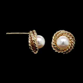 14K Yellow Gold Estate Cultured Pearl Rope Design Stud Earrings