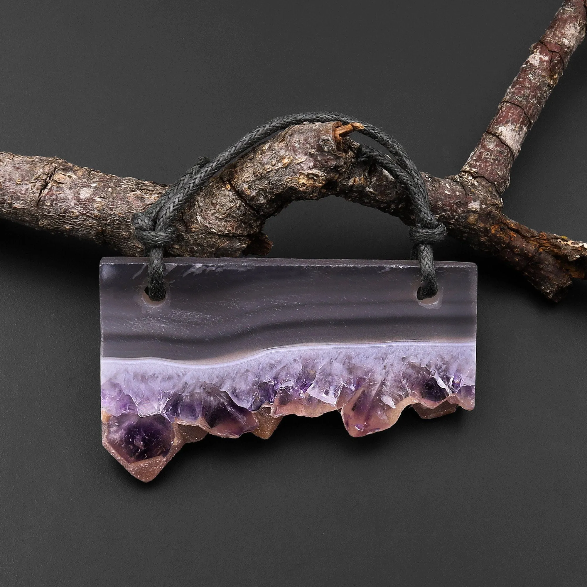 2 Hole Pendant Natural Smoky Quartz White Purple Amethyst Stalactite Druzy Pendant Drilled Flat Slice Long Rectangle P0140