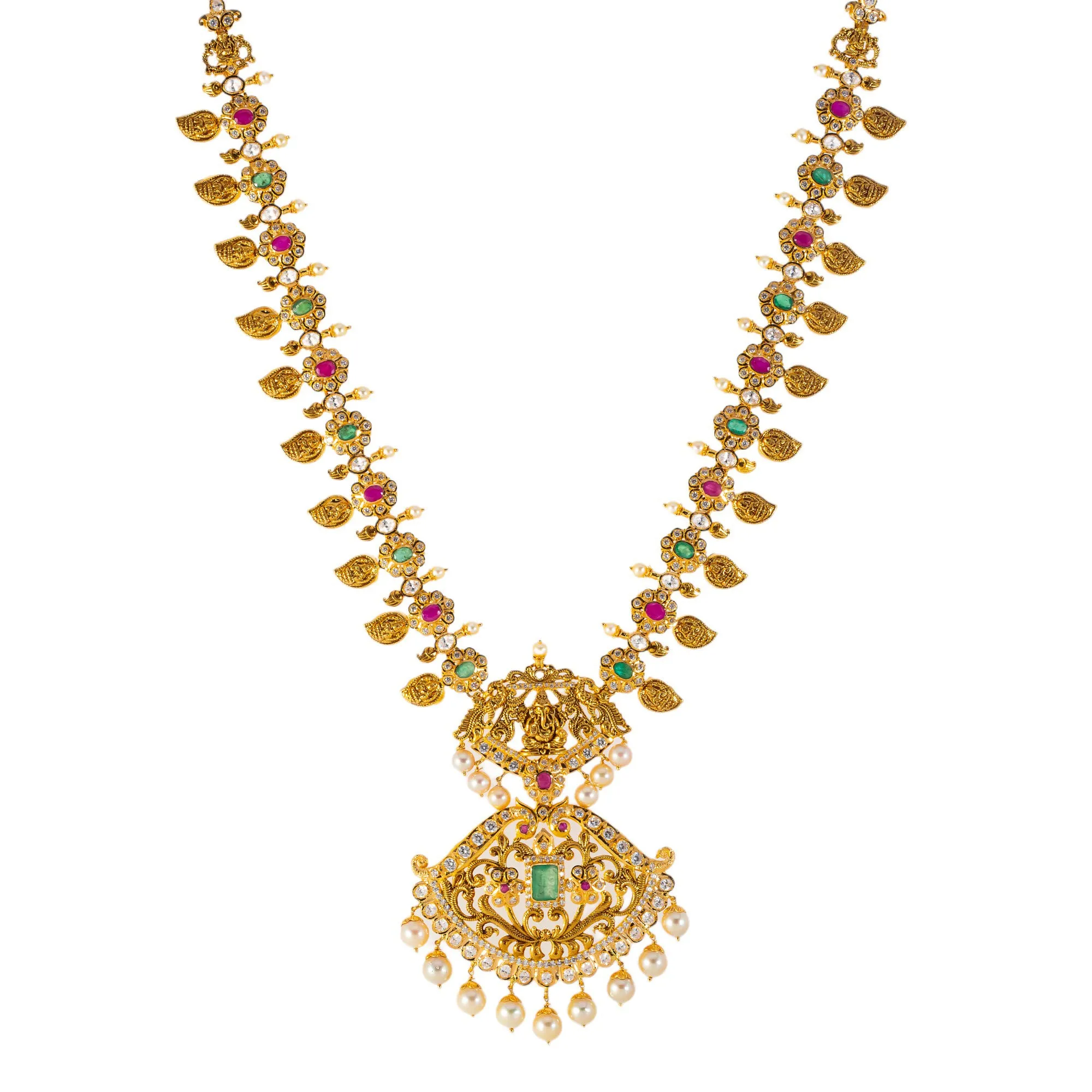 22k Yellow Gold Temple Necklace Set  w/ Gems & Pearls (125.1gm)