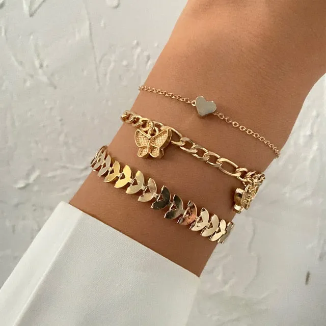 5 Pcs/Set Punk Gold Crystal Thick Chain Bracelet Bohemian Geometric Chain OT Buckle Bracelet Set Jewelry Girl Party Gift