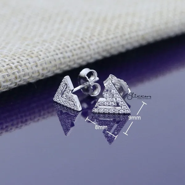 925 Sterling Silver CZ Paved Double V Shape Stud Earrings