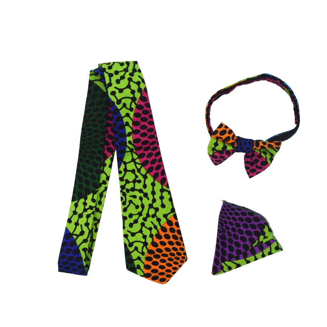 African print bow tie and neck tie with green pink and orange circle print for men - MS2