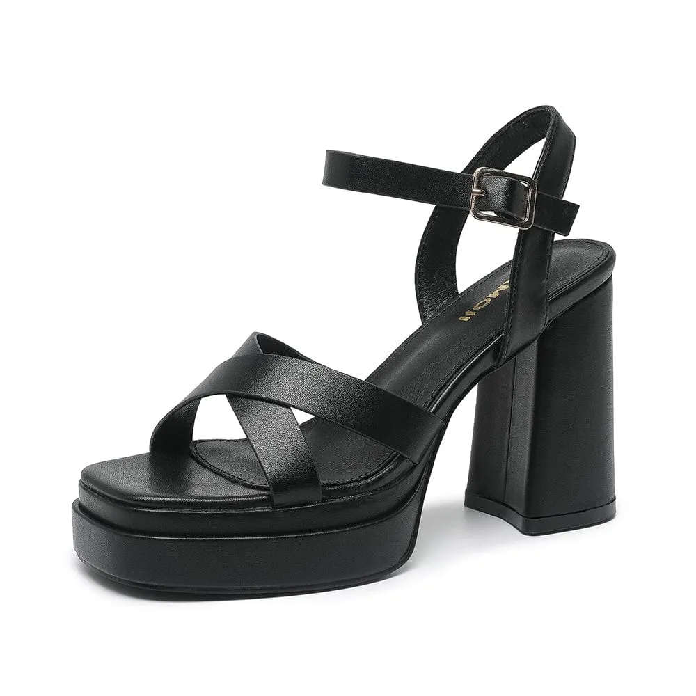 Amoji Platform Sandals for Women Chunky Heel Strappy Platform Heels Square Open Toe Heeled Sandals Ankle Strap Block Heel Sanadals FZ312