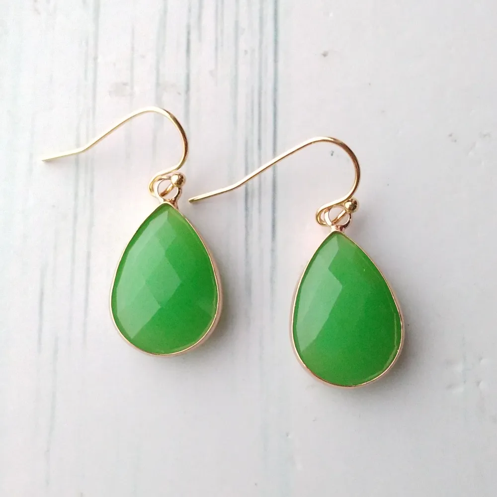 Apple Green Chalcedony Single Drop Hook Earrings