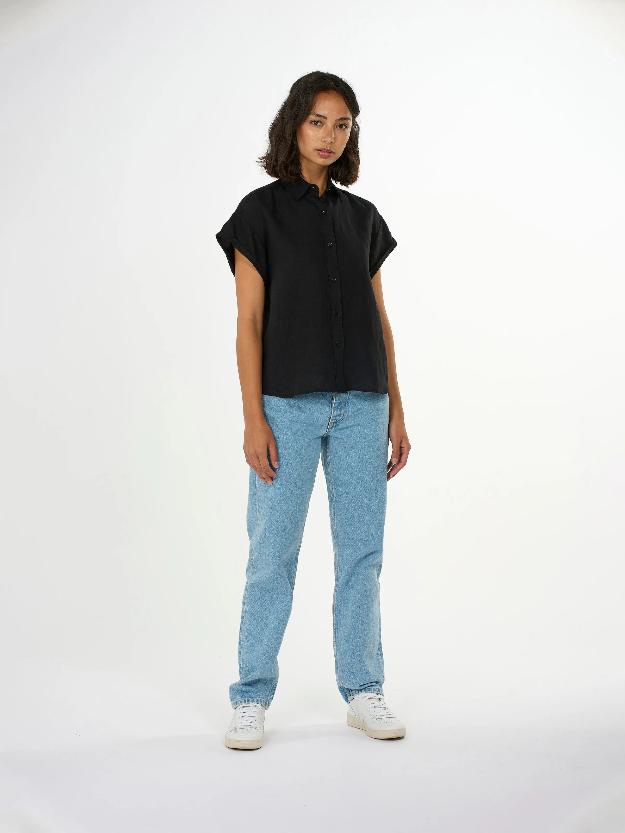 ASTER fold up short sleeve linen shirt - Black Jet