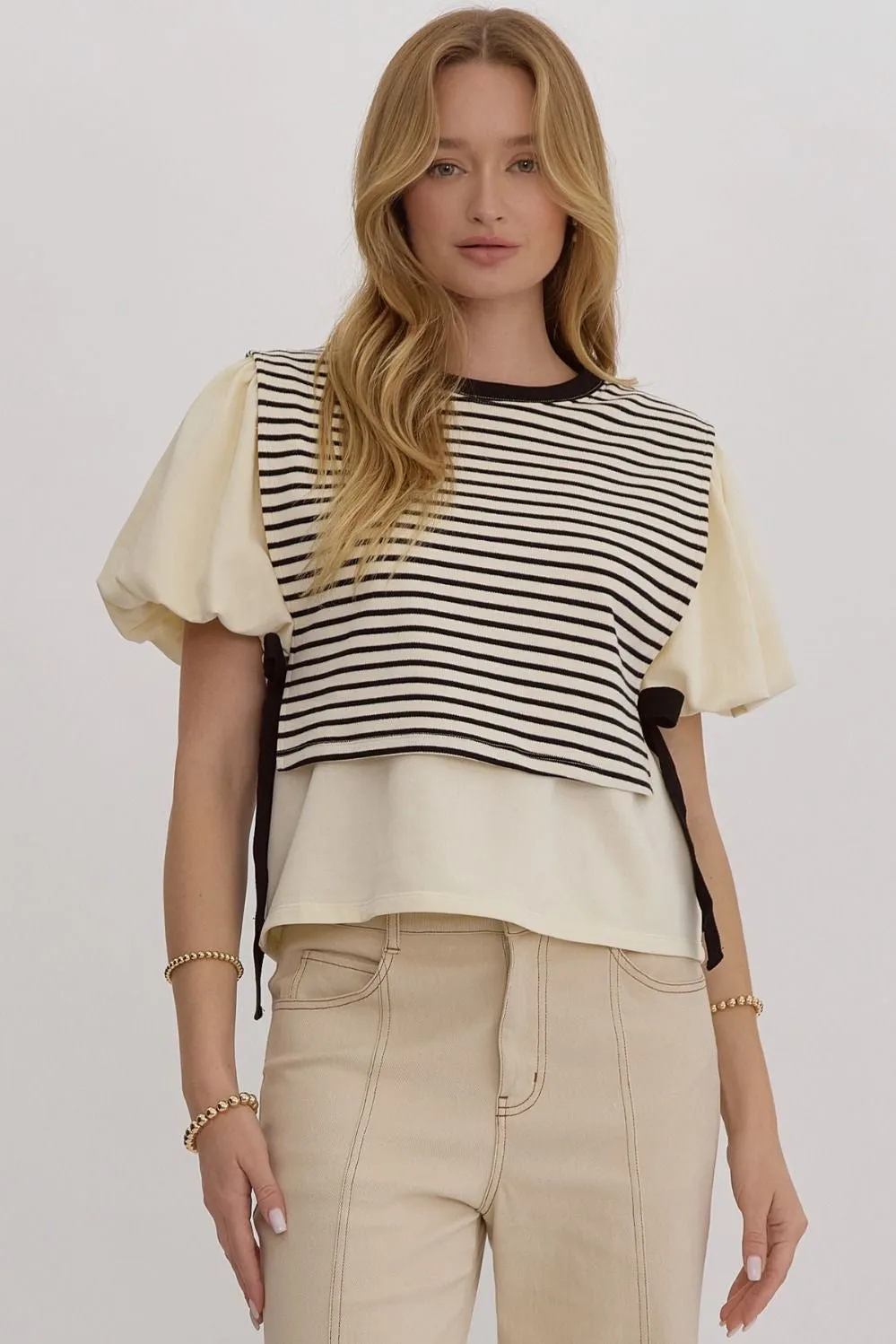 Audrey Stripe Puff Sleeve Top- Ivory