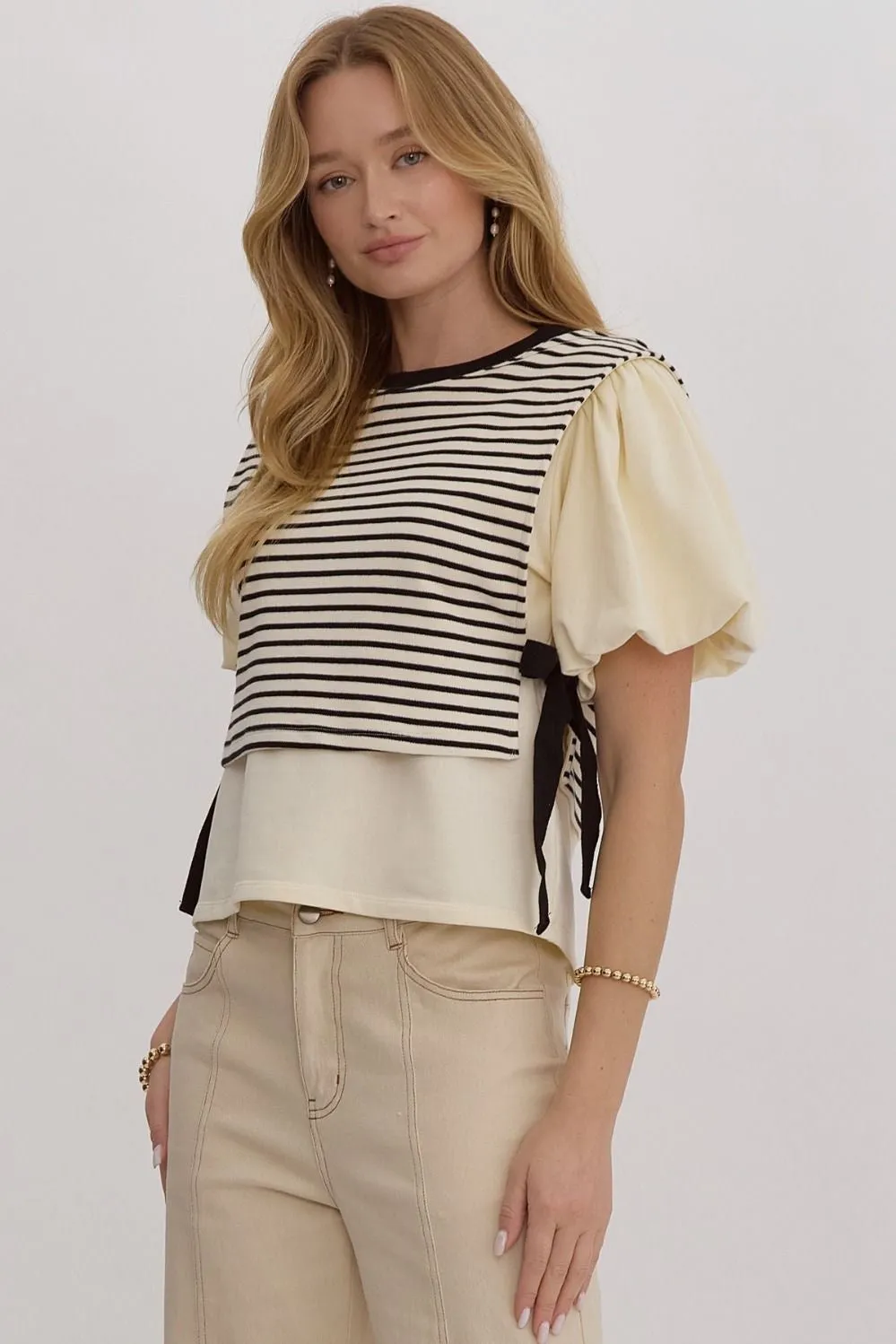 Audrey Stripe Puff Sleeve Top- Ivory