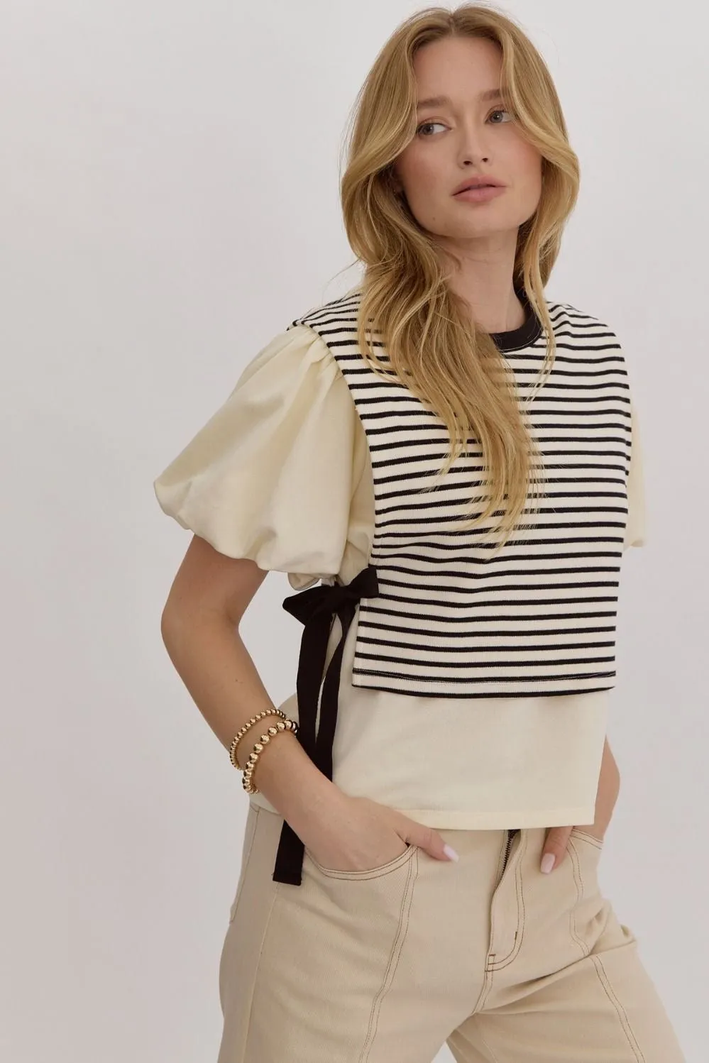 Audrey Stripe Puff Sleeve Top- Ivory