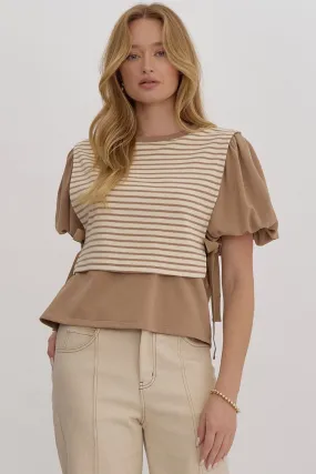 Audrey Stripe Puff Sleeve Top- Mocha