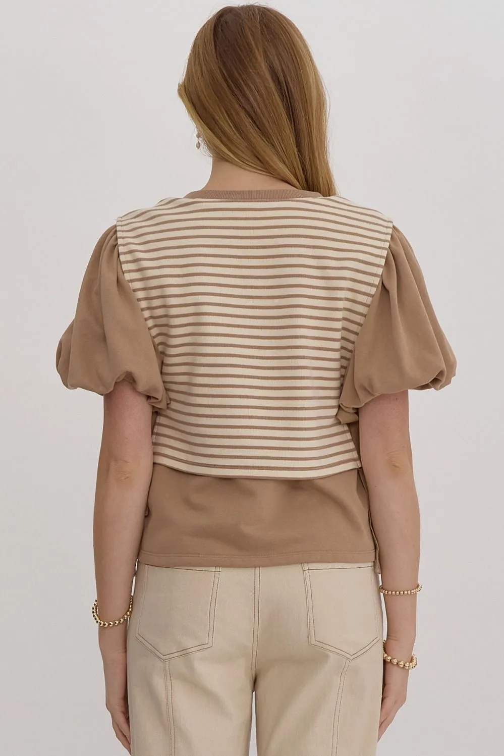 Audrey Stripe Puff Sleeve Top- Mocha