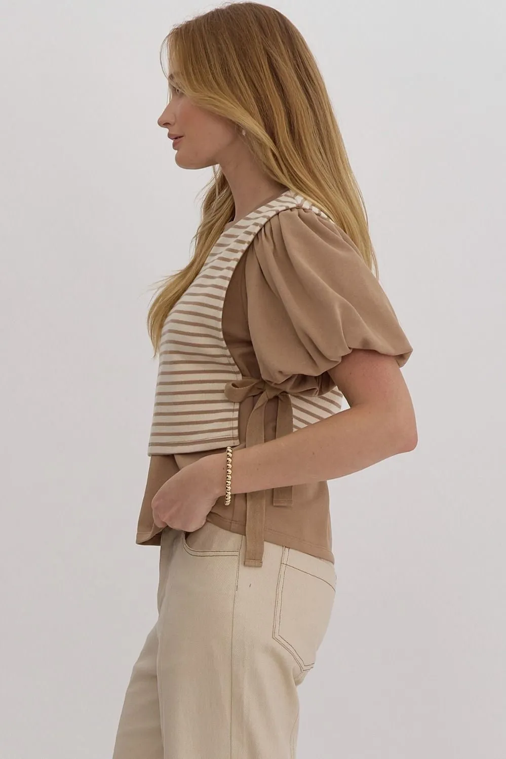 Audrey Stripe Puff Sleeve Top- Mocha