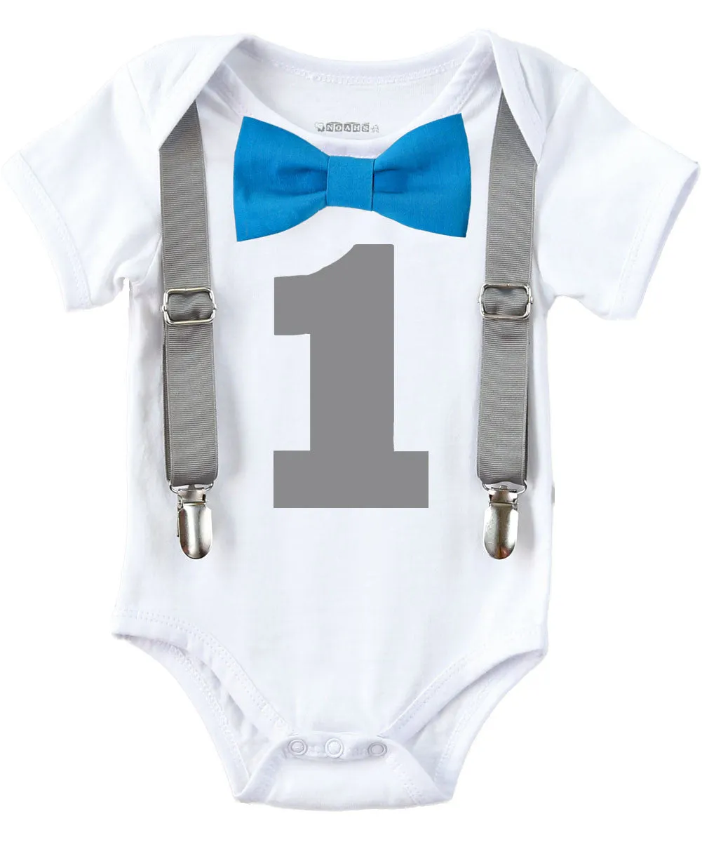 Baby Boy First Birthday Outfit - Grey and Blue - Boys First - Birthday Clothes - Birthday Shirt - Suspenders Bow - Elephant Theme Party Outfit