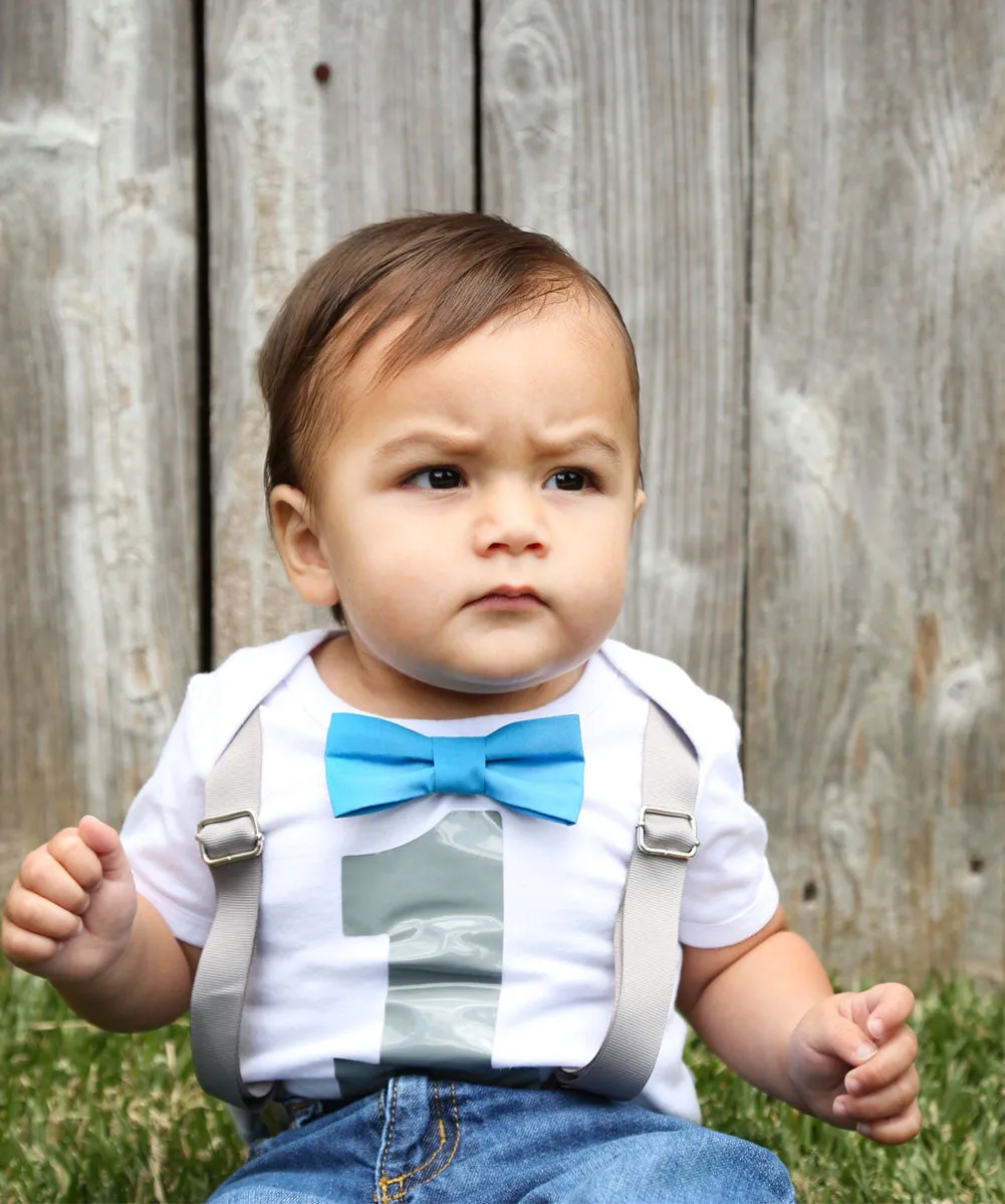 Baby Boy First Birthday Outfit - Grey and Blue - Boys First - Birthday Clothes - Birthday Shirt - Suspenders Bow - Elephant Theme Party Outfit