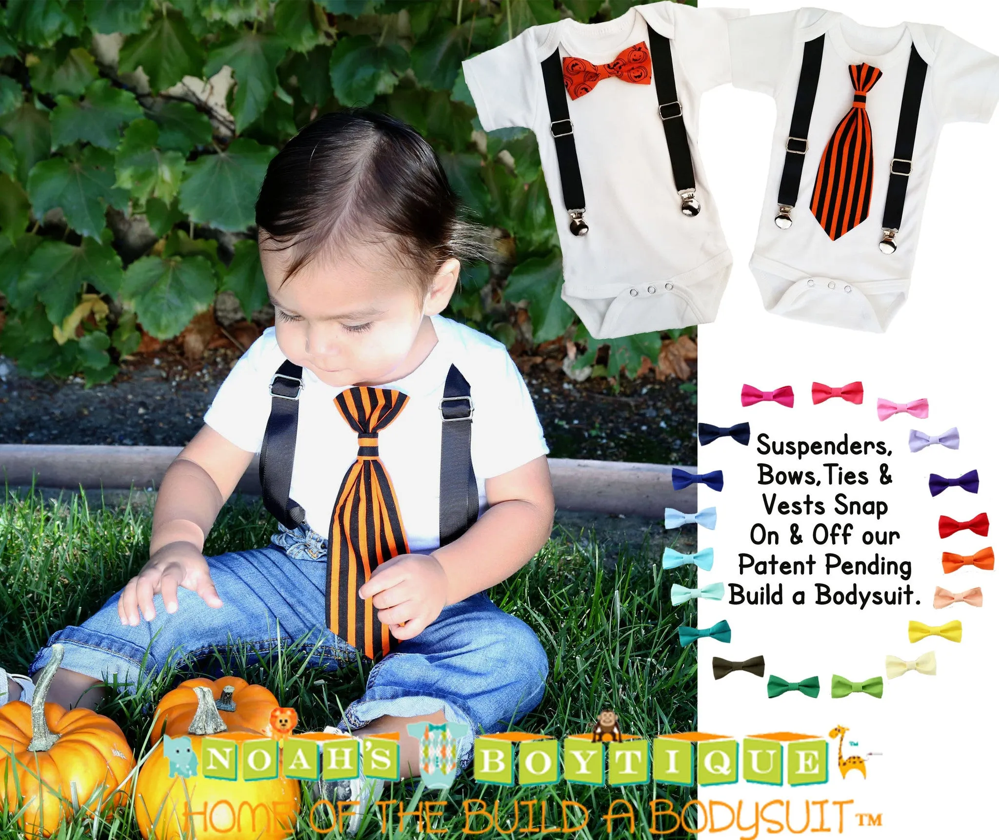 Baby Boy Halloween Outfit Orange and Black Tie with Suspenders