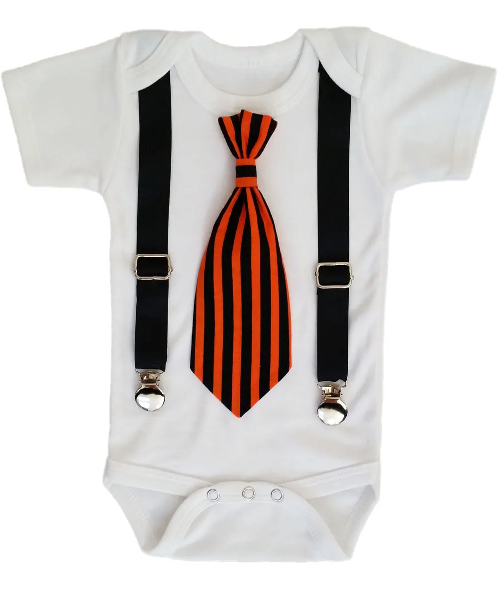 Baby Boy Halloween Outfit Orange and Black Tie with Suspenders