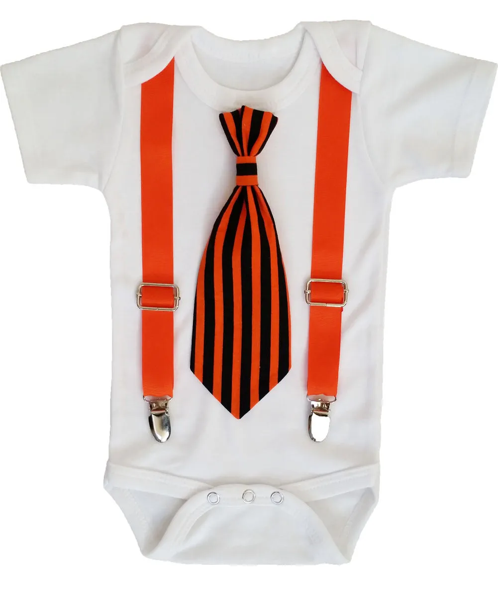 Baby Boy Halloween Outfit Orange and Black Tie with Suspenders