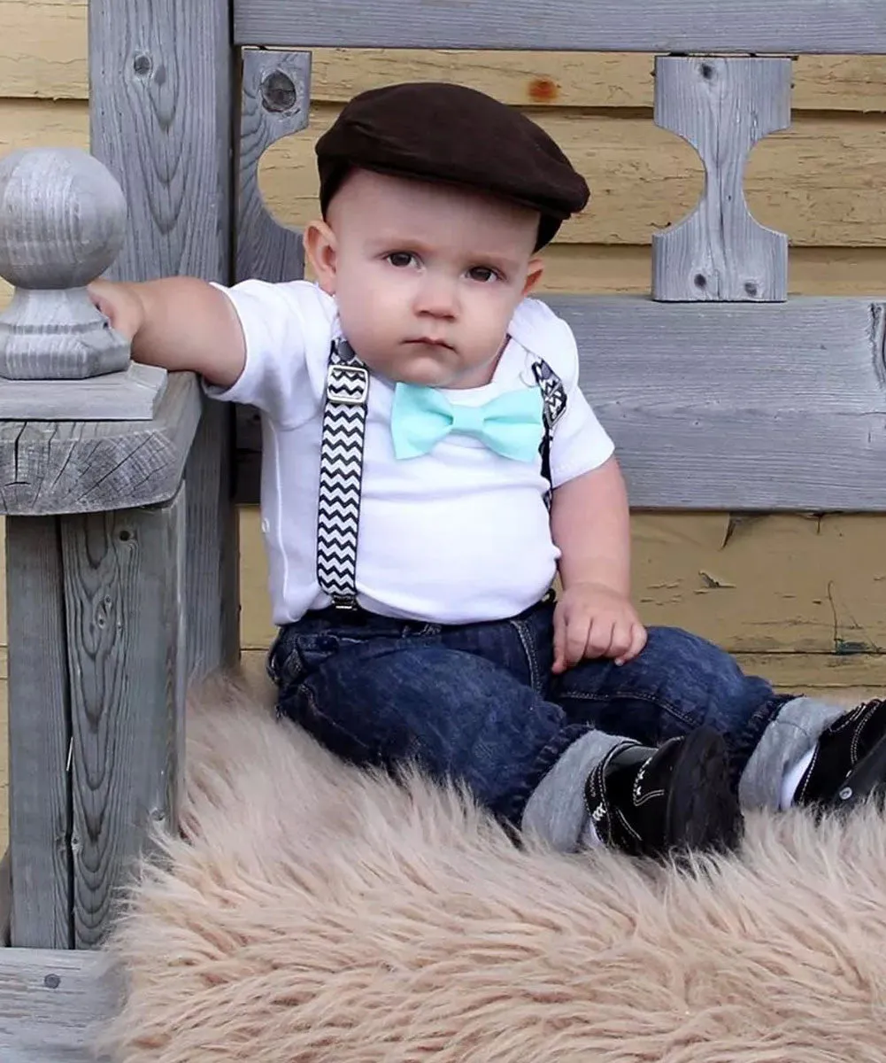 Baby Boy Outfit Black Chevron Suspenders and Mint Bow Tie