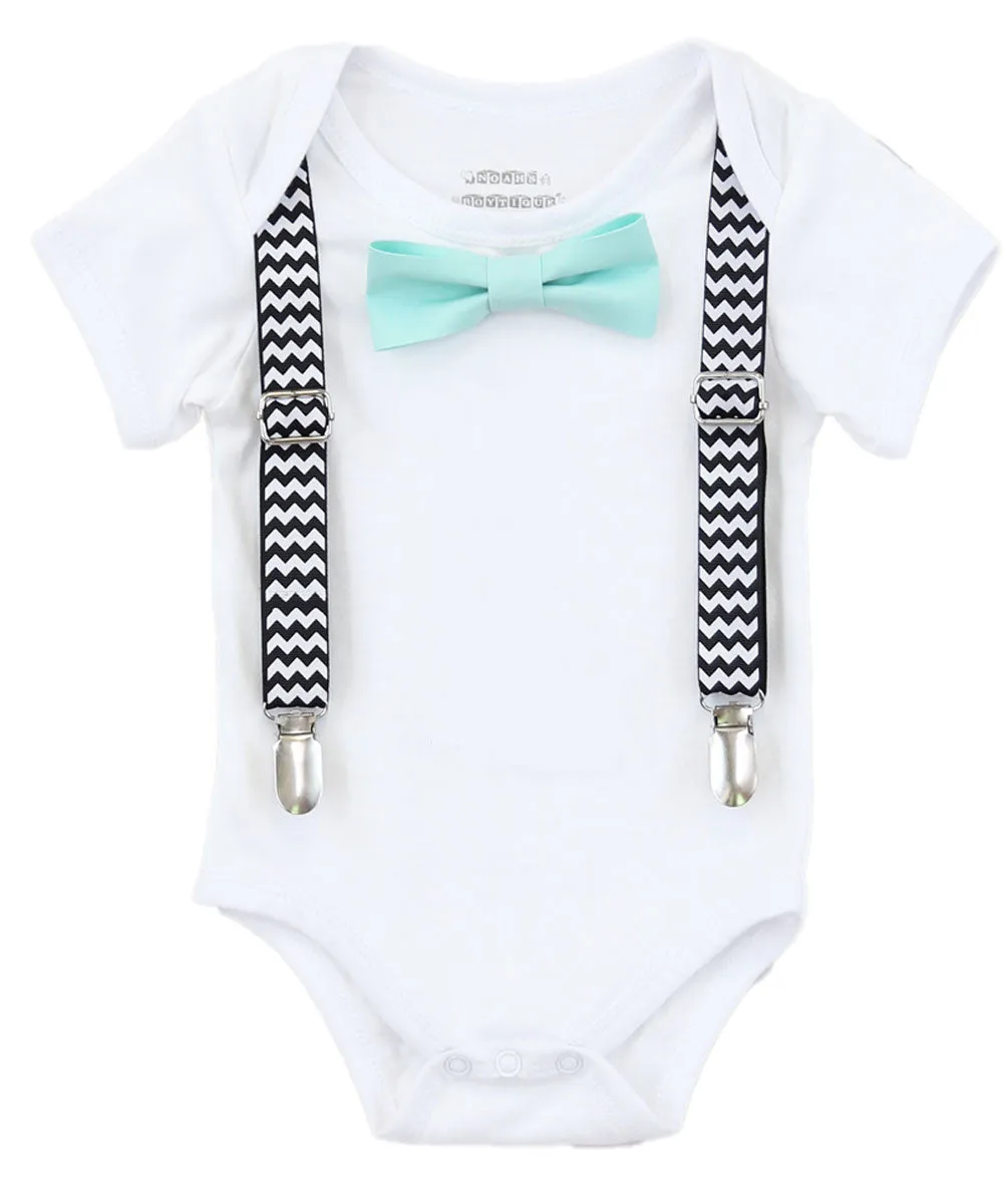 Baby Boy Outfit Black Chevron Suspenders and Mint Bow Tie