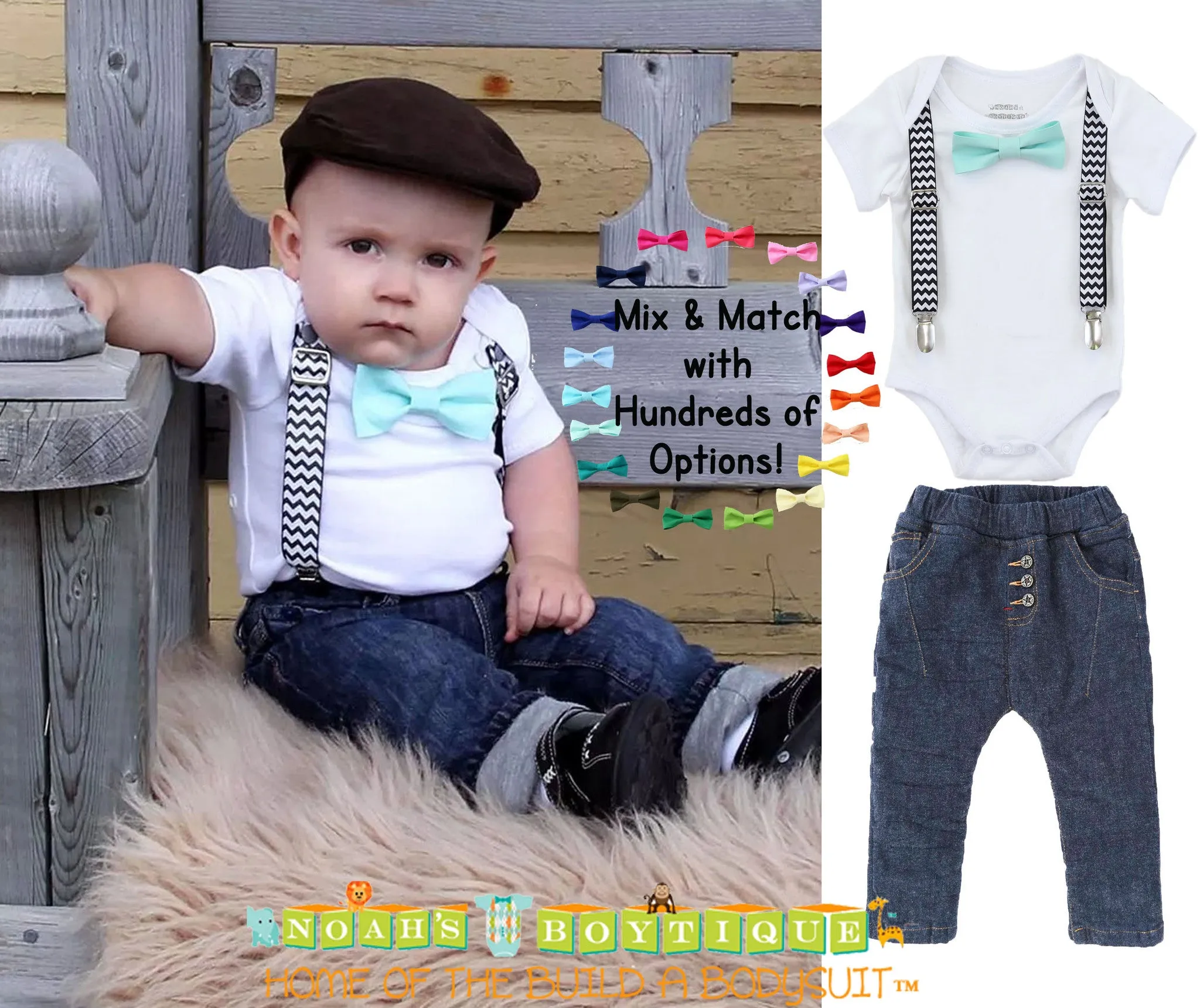 Baby Boy Outfit Black Chevron Suspenders and Mint Bow Tie