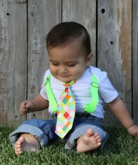 Baby Boy Outfit with Tie and Suspenders Neon