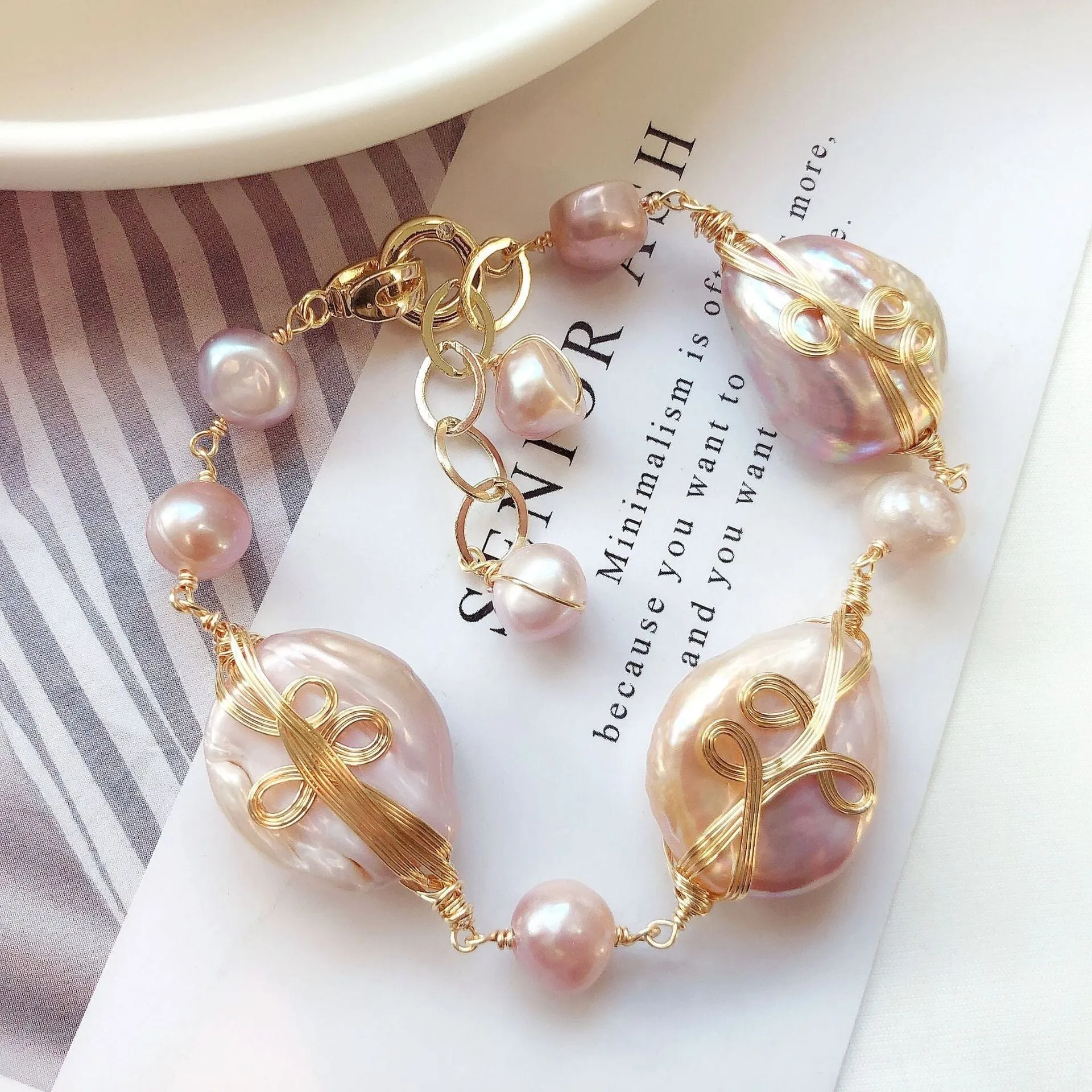 Baroque French Vintage 14k Gold-plated Freshwater Pearl Winding Bracelet