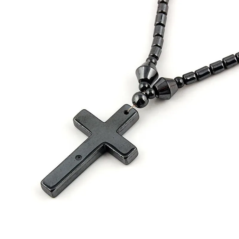 Black Hematite Stone Cross Pendant and Necklace with Magnetic Lock