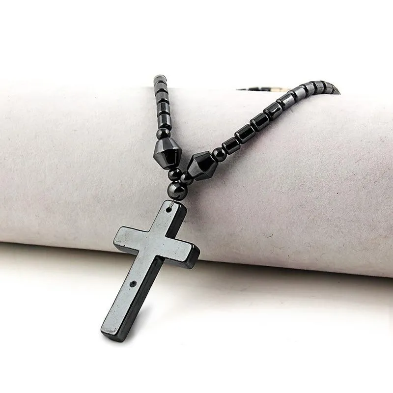 Black Hematite Stone Cross Pendant and Necklace with Magnetic Lock