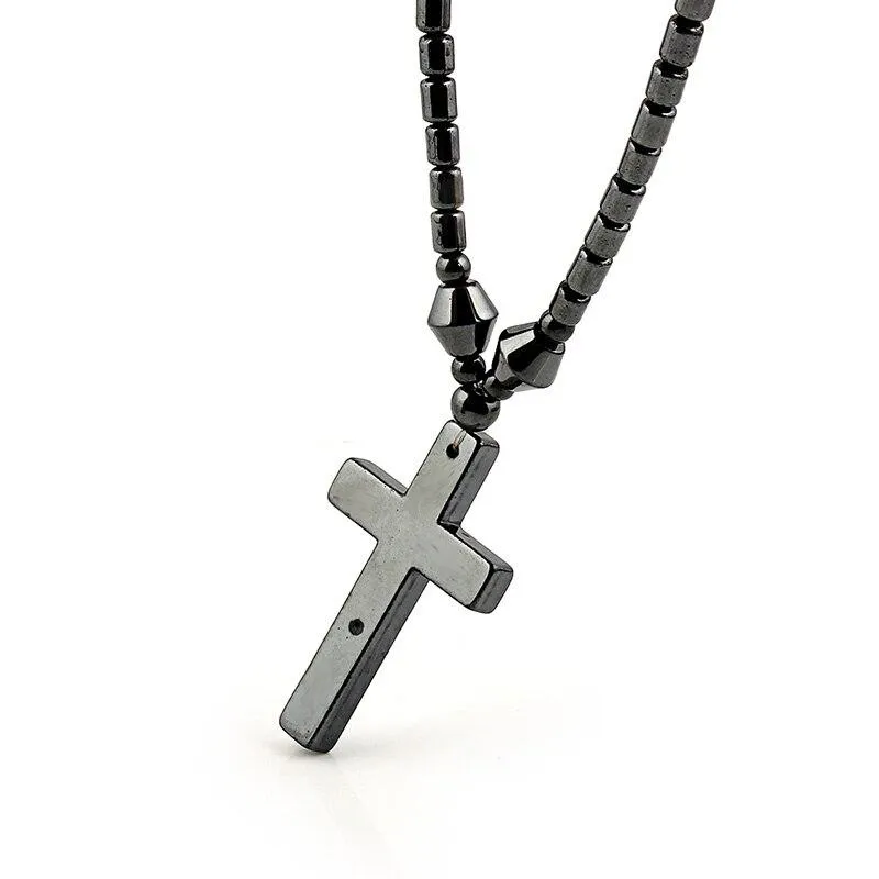 Black Hematite Stone Cross Pendant and Necklace with Magnetic Lock