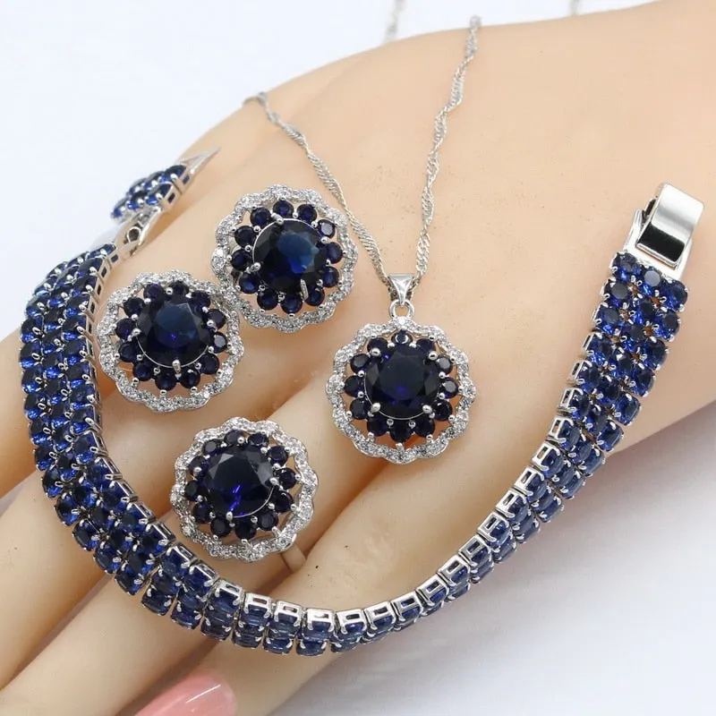 Blue Crystal Silver Color Jewelry Sets For Women Stud Earrings Bracelet