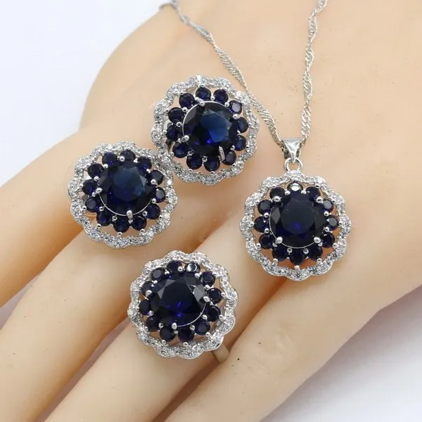 Blue Crystal Silver Color Jewelry Sets For Women Stud Earrings Bracelet