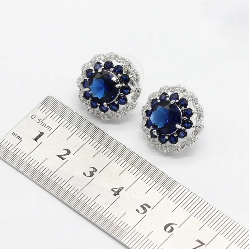 Blue Crystal Silver Color Jewelry Sets For Women Stud Earrings Bracelet