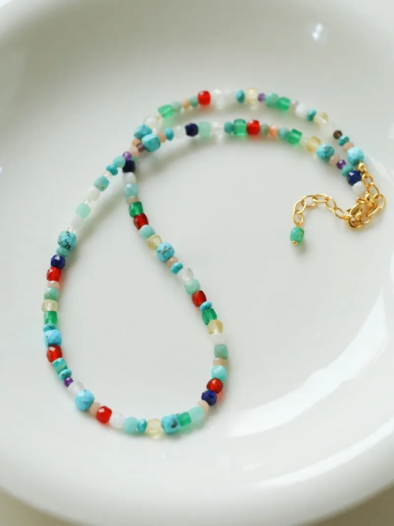 Blue Multi-gems stitching chain colorful necklace and bracelet ( Purchase Individually)