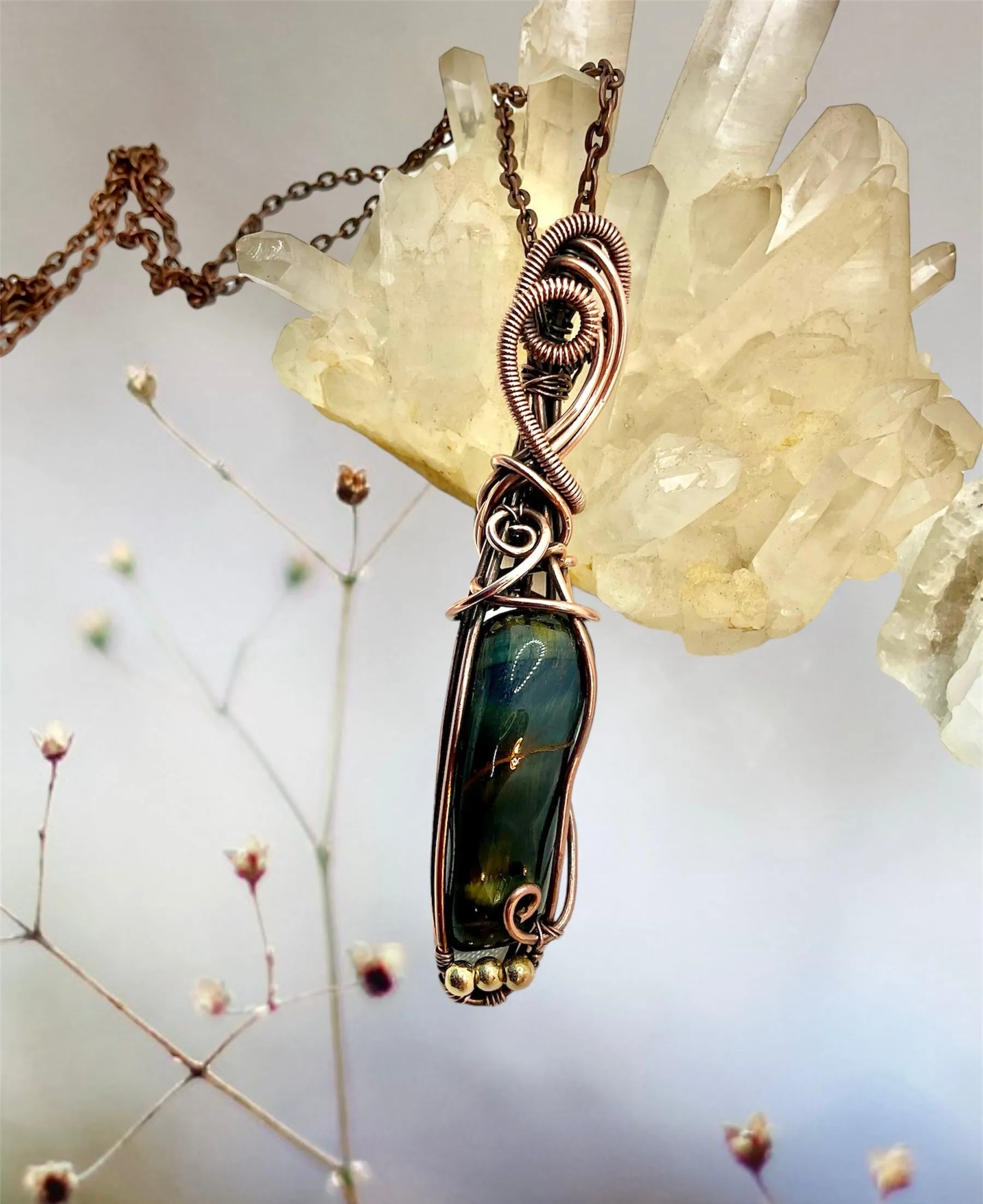 Blue Tiger Eye Wire Wrapped Pendant