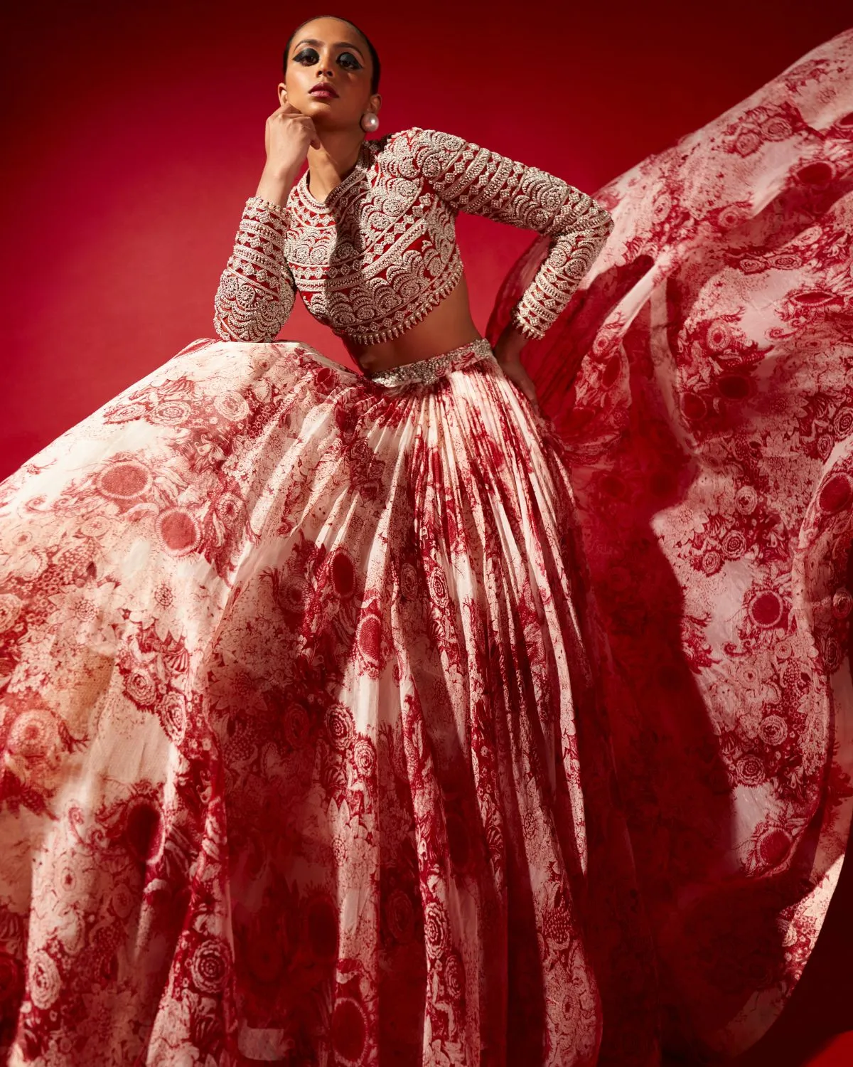 Bow Tie Embroidered Blouse And Blossom Skirt Set