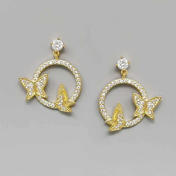 Butterfly CZ Stone Pave Hoop Drop Earrings