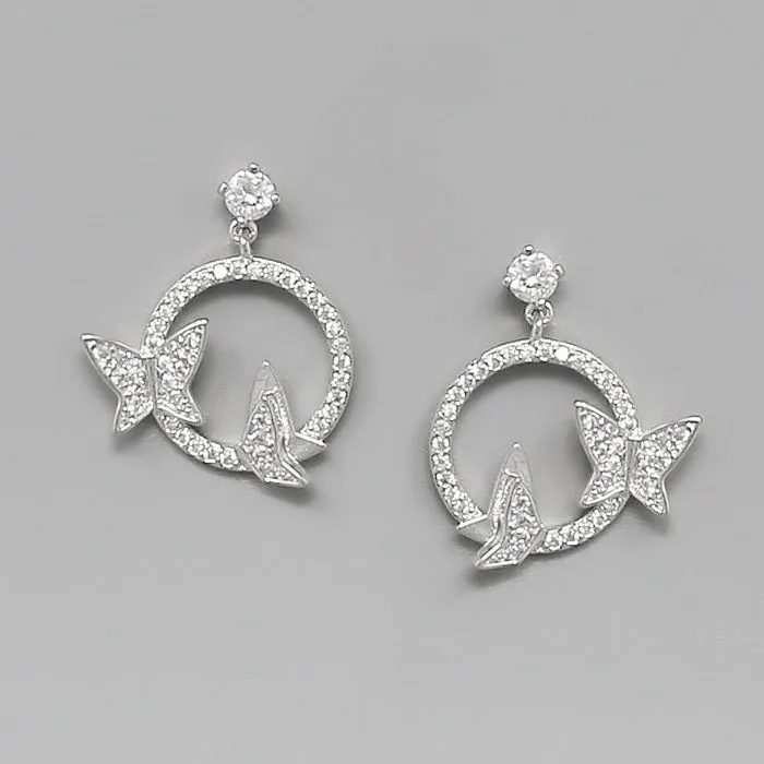 Butterfly CZ Stone Pave Hoop Drop Earrings