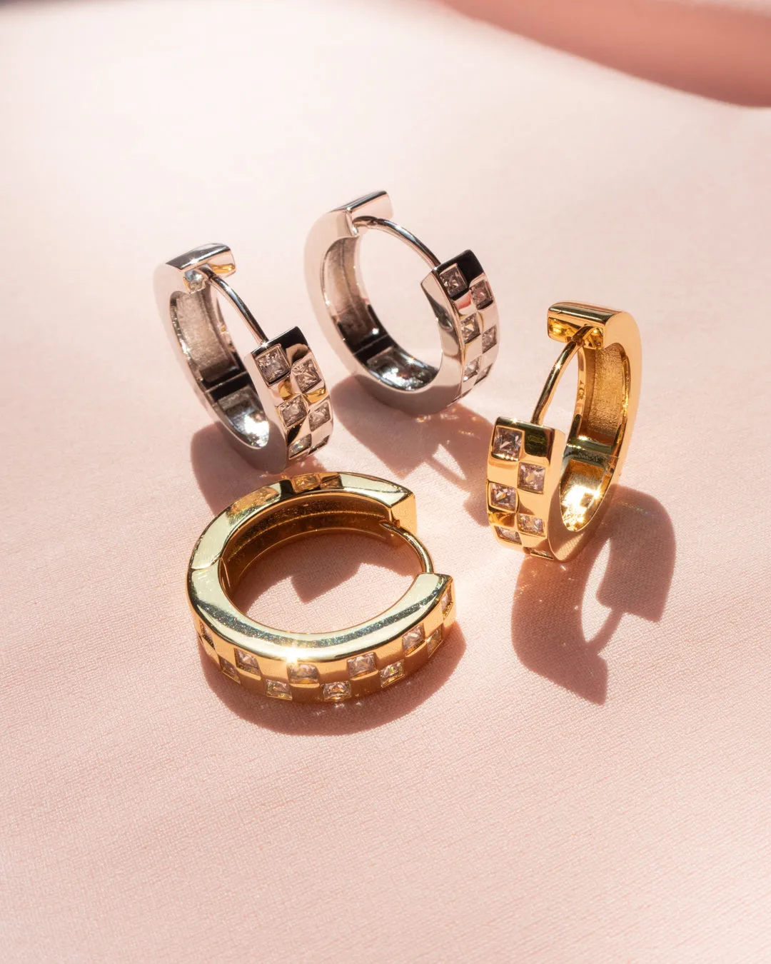 Checkerboard Pave Hoops- Gold