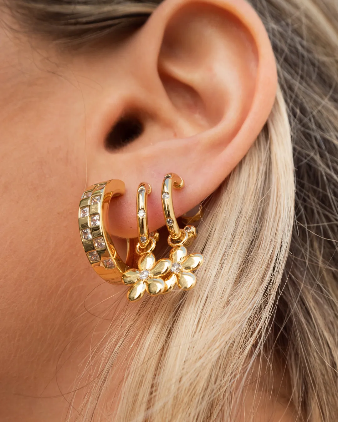 Checkerboard Pave Hoops- Gold