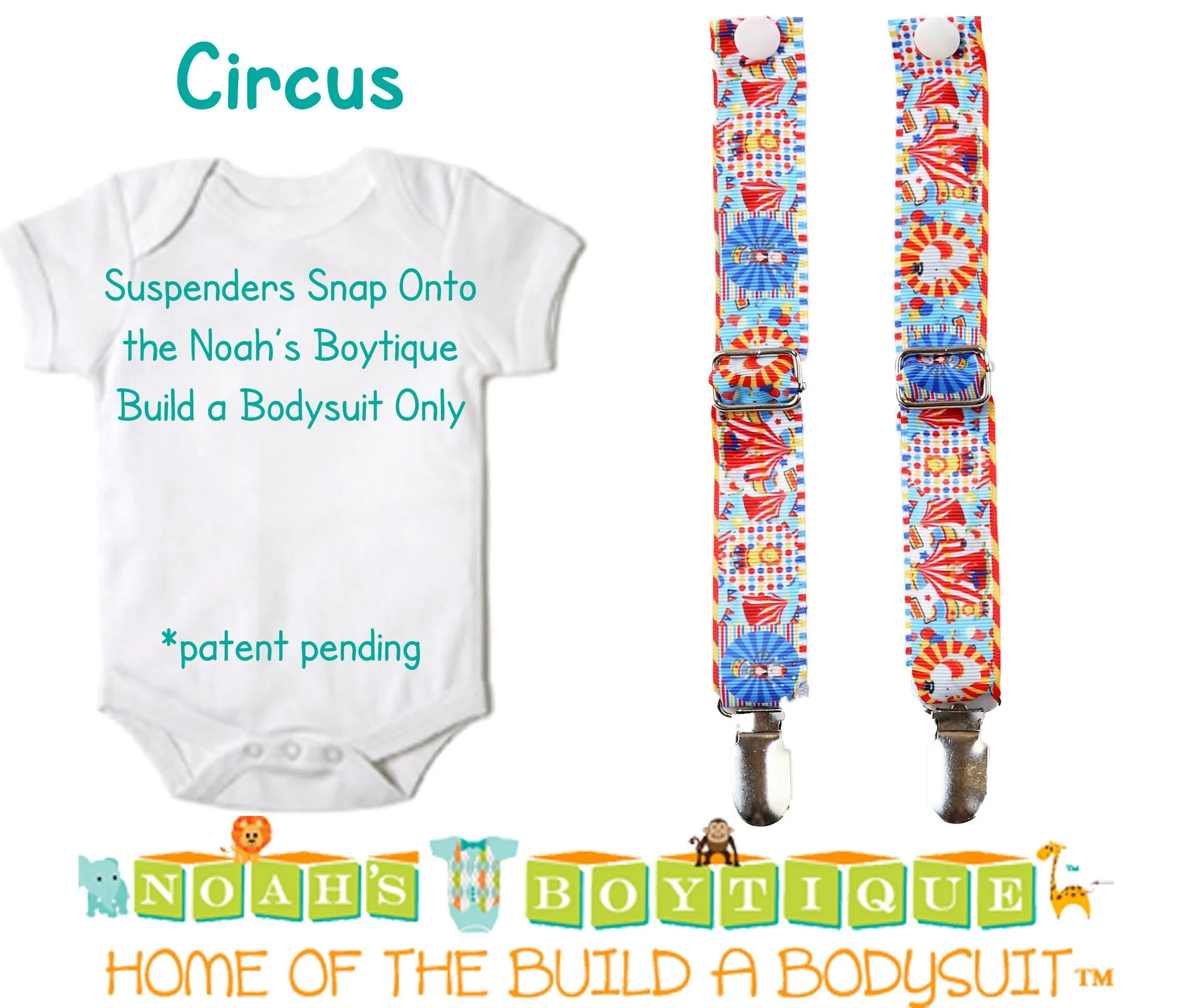 Circus Noah's Boytique Bodysuit Suspenders - Snap on Suspenders - Suspender Outfit - Baby Suspenders - Carnival Party - Circus Party