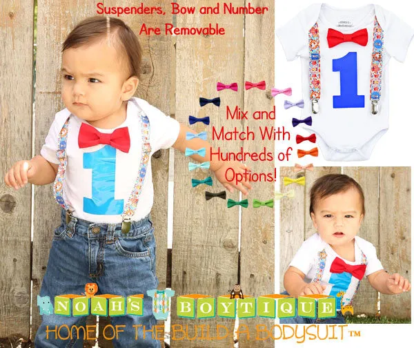 Circus Noah's Boytique Bodysuit Suspenders - Snap on Suspenders - Suspender Outfit - Baby Suspenders - Carnival Party - Circus Party