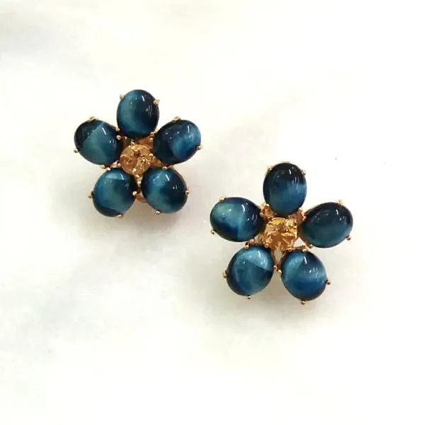 Citrine and Blue Tigers Eye Flower Stud Earrings