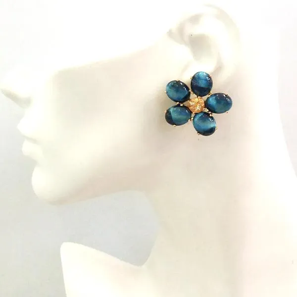 Citrine and Blue Tigers Eye Flower Stud Earrings