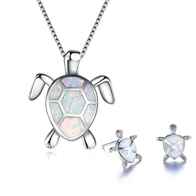 Classic Cute Sea Turtle Necklace Earrings jewelry set Trendy Animal Fire Opal Stud Earring for girl women best gift